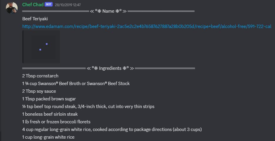 Output of the Chatbot explains the recipe of a Beef Teriyaki.