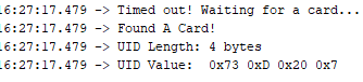 Output of the Arduino saying it has found a match, detecting a relayed signal and displaying the UID of the original card