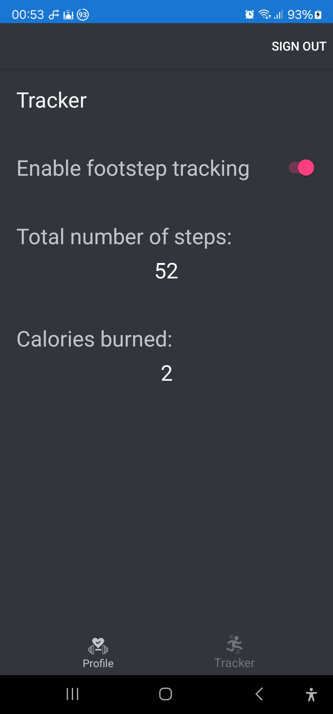 Footstep counter that uses accelerometer to detect steps and calculates number of calories burned.